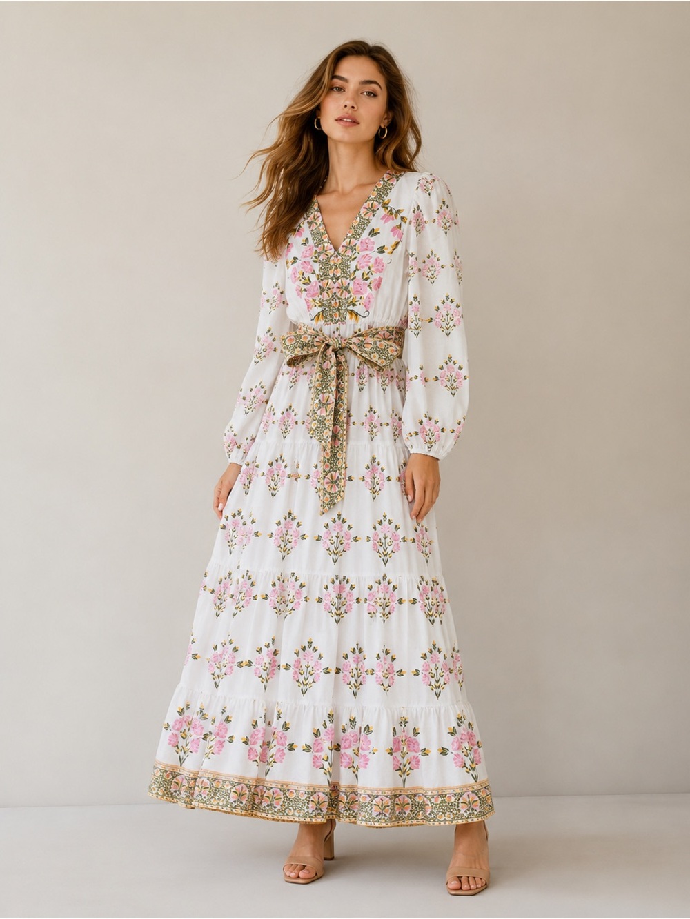 A Loves A Floral Linen Blend Maxi Dress Cottagecore Tiered Long Bubble Sleeveles